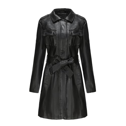 Wintermantel Damen Lang,Lederjacke Damen Lang Leder Langarm Ledermantel Mit Gürtel Revers Trenchcoat Übergangsmantel Moto Biker Kunstlederjacke Warme Winterjacket Slim Fit Kurzmantel Winterjacke von Generisch