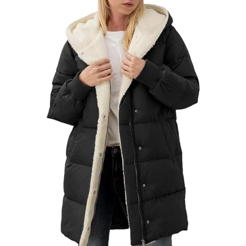 Wintermantel Damen Lang Warm Gefüttert Elegant Winterjacke Mit Kapuze Fell übergangsjacke Große Größen Damenjacken Winter Longjacke Outdoor Steppmantel Teddy Mantel Jacke übergang(Schwarz,XL) von Generisch