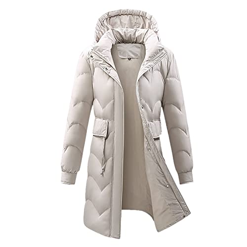 Wintermantel Damen Lang Warm Gefüttert Wasserdicht Kapuzenjacke Steppmantel Daunenjacke Outdoor Thermo Softshellmantel Damen Wasserdicht Atmungsaktiv Puffermantel Weste (Beige,M) von Generisch