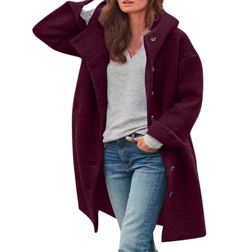 Wintermantel Damen Lang Wolle Trenchcoat mit Kapuze Teddy-Langmantel mit Kapuze Wollmantel Zweireiher Damen Wintermantel Warmer Trenchcoat Langer Mantel Winddichter Jacke Cardigan mit (Wine, M) von Generisch