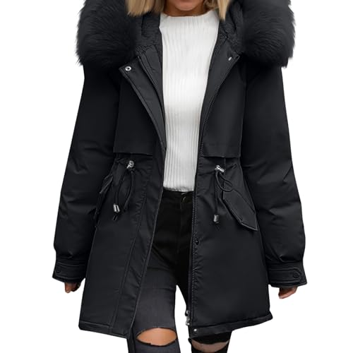 Wintermantel Damen Mittellang Winterjacke Warm Gefüttert Fleece Parka Mantel Mit Kapuze Kunstpelzkragen Jacke Frauen Winter Winterparka Verdickene Outdoor Übergangsjacke Mit Zipper（Black,XX-Large von Generisch