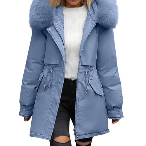 Wintermantel Damen Mittellang Winterjacke Warm Gefüttert Fleece Parka Mantel Mit Kapuze Kunstpelzkragen Jacke Frauen Winter Winterparka Verdickene Outdoor Übergangsjacke Mit Zipper（Blue,X-Large von Generisch