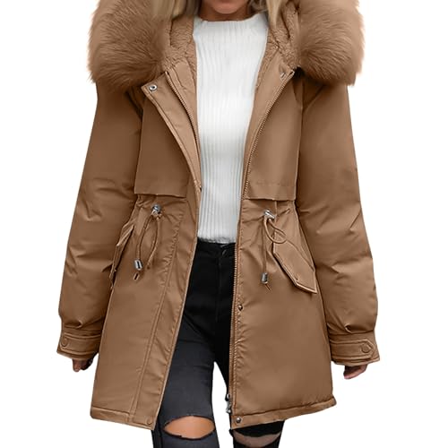 Wintermantel Damen Mittellang Winterjacke Warm Gefüttert Fleece Parka Mantel Mit Kapuze Kunstpelzkragen Jacke Frauen Winter Winterparka Verdickene Outdoor Übergangsjacke Mit Zipper（Coffee,X-Large von Generisch