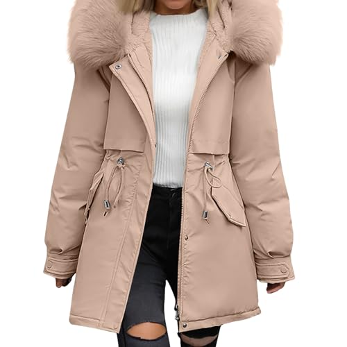 Wintermantel Damen Mittellang Winterjacke Warm Gefüttert Fleece Parka Mantel Mit Kapuze Kunstpelzkragen Jacke Frauen Winter Winterparka Verdickene Outdoor Übergangsjacke Mit Zipper（Khaki,XX-Large von Generisch