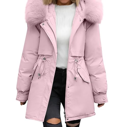 Wintermantel Damen Mittellang Winterjacke Warm Gefüttert Fleece Parka Mantel Mit Kapuze Kunstpelzkragen Jacke Frauen Winter Winterparka Verdickene Outdoor Übergangsjacke Mit Zipper（Pink,X-Large von Generisch