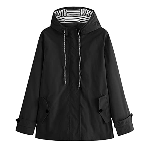 Wintermantel Damen Warm Damen Anorak mit Kapuze Frauen Solid Plus Size Regenmantel mit Kapuze Gestreiftes Futter Regenanzug Outdoor Wasserdichter Steppmantel für Den Übergang Shacket (Black, XXL) von Generisch