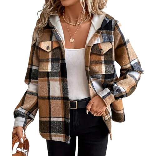 Wintermantel Damen Warm Gefüttert Kariert Winterjacke Damen Langarm Oversize Fleecejacke Mit Kapuze Fleece Damen-Jacken Winter Dicke Übergangsjacke Elegant Leicht Mantel Mit Knöpfen von Generisch