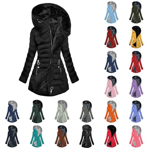 Wintermantel Damen Warm Gefüttert Steppjacke Lange Klassische Schwarz Damenmantel Winter Fleece Parka Jacke mit Kapuze Winterparka Mantel Elegant Einfarbig Bequemes Winddicht Outdoorjacke von Generisch