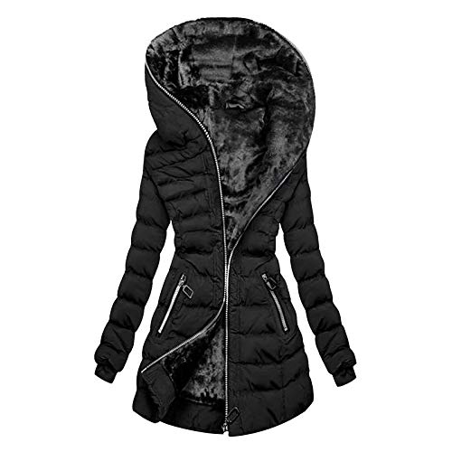 Wintermantel Damen Warm Gefüttert Winter Parka Jacke Mittellang Winterjacke mit Fellkapuze Dicke Coat Jacket Mantel Kapuzenjacke Trenchcoat, Schwarz von Generisch