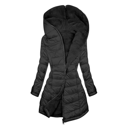 Wintermantel Damen Wolle Fleecejacke mit Taschen Dicke Warm Wintermantel mit Kapuze Fleece Gefüttert Daunenjacke Elegant Einfarbige Winterparka Outdoor Pufferjacke Große Größen Kapuzenjacke von Generisch