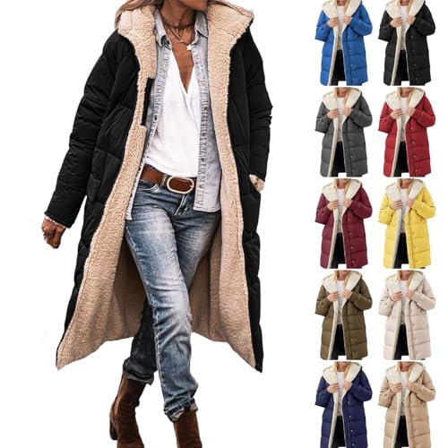 Teddy Mantel Damen Winter Lange - Daunenmantel Damen - Teddyfleece Gefüttert Winterjacke Große Größen Daunenjacke mit Kapuze Elegant Wintermantel Dick Winddicht Steppjacke von Generisch