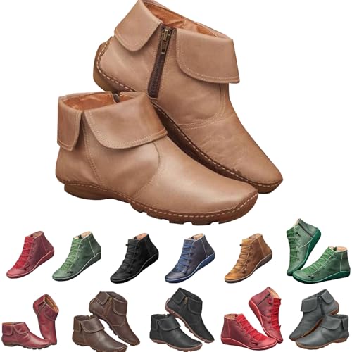 Winterschuhe Damen Gefüttert Stiefeletten Damen Wasserdicht Herbst Vintage Leder Schuhe Bequem rutschfeste Arch Support Weitschaft Ankle Boots Retro Mode Western Boots Leder von Generisch