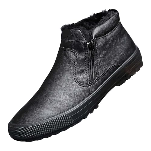 Winterschuhe mit Reissverschluss Herren Leder Stiefeletten Wasserabweisend Schneestiefel mit Fleece Gefüttert Schneeschuhe Rutschfeste Sohlen Winterstiefel Retro Kurzschaft Stiefel von Generisch