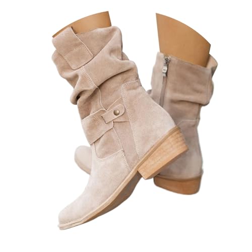 Winterstiefel, Stiefeletten Damen Trachten Mit Absatz Halbhoch Halbstiefel Ankle Boots Stiefel Wildleder Westernstiefel Bequemer Kurzstiefel Absatz Damenstiefel Schlupfschuhe für Oktoberfest ,Beige von Generisch