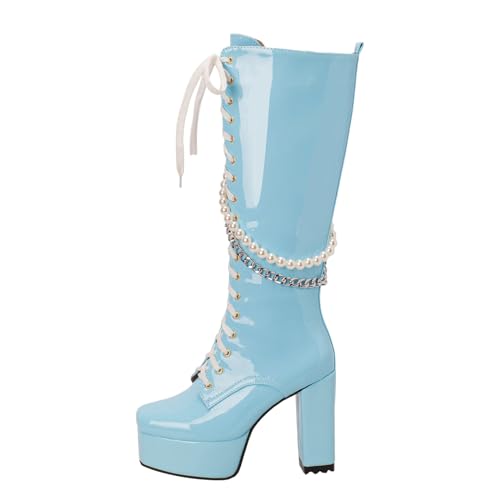Winterstiefel Damen Schuhe Einfarbig Karree Dicke High Heels Plattform Glänzend Frauen Stiefel Schnürung Perle Kette Fashion Store Hohe Stiefel (Blue, 42) von Generisch