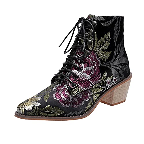 Winterstiefel Damen Schuhe Print Heel Blumenstiefel Damen Ankle Fashion Heel Lace-up Chunky Damenstiefel (Black, 37) von Generisch