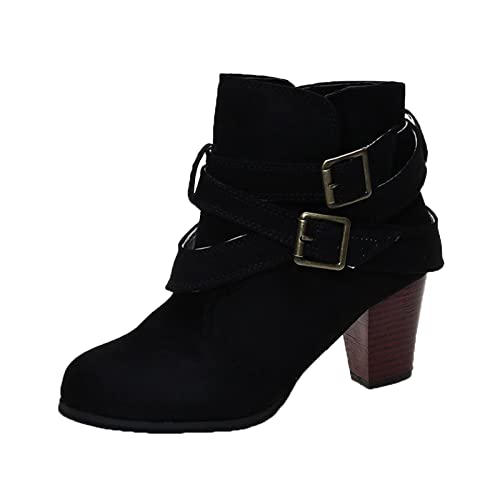 Winterstiefel Damen Schuhe Student Heel Belt Boots Dicke Damenschnallenschuhe Ankle Scrub High Fashion Damenstiefel (Black, 39) von Generisch
