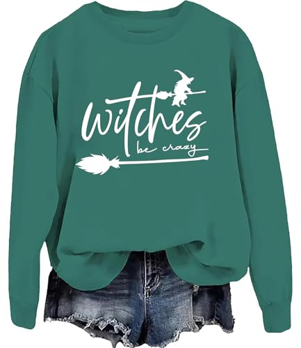 Witches Be Crazy Sweatshirt Halloween Hoodie für Frauen Lustige Grafik Rundhalsausschnitt Pullover Tops, Grün-y, L von Generisch