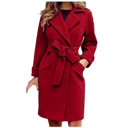 Wollmantel Damen Lang Übergangsjacke Trenchcoat Slim Fit Herbstjacke mit Gürtel Elegant Revers Übergangsmantel Langarm Winterjacke Cardigan Einfarbig Wintermantel Outwear Damen-Jacken mit Taschen von Generisch