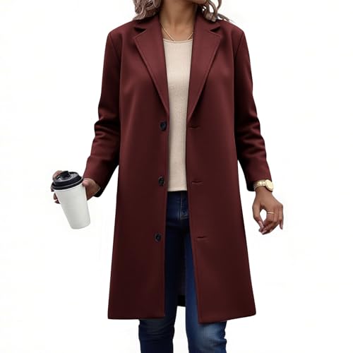 Wollmantel Damen Winter Mantel Lang Wintermantel Bequem Gefüttert Revers Übergangsmantel Damenmantel Klassischem Herbstmantel Elegant Dufflecoat Frauen Trenchcoat Wolljacke mit Knöpfen von Generisch