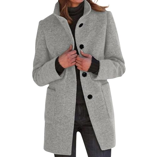 Wollmantel Damen Winter Mantel Lang Wintermantel Elegante Damenmantel Casual Tweed Übergangsjacke Einfarbig Freizeitjacke Stehkragen Jacke Mit Knöpfen Winterjacke Frauen Mit Taschen Wolljacke von Generisch