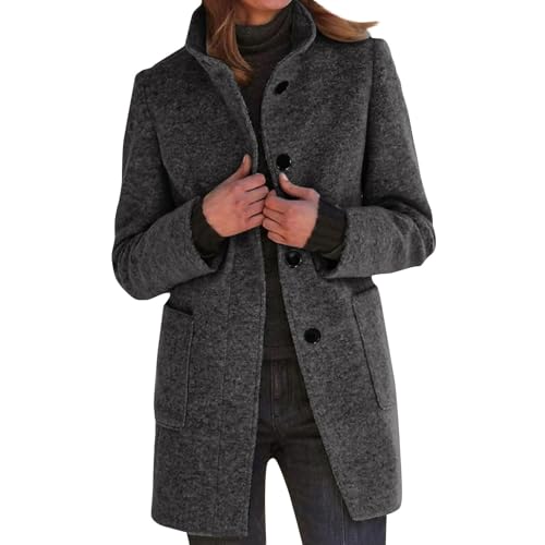 Wollmantel Damen Winter Mantel Lang Wintermantel Elegante Damenmantel Casual Tweed Übergangsjacke Einfarbig Freizeitjacke Stehkragen Jacke Mit Knöpfen Winterjacke Frauen Mit Taschen Wolljacke von Generisch