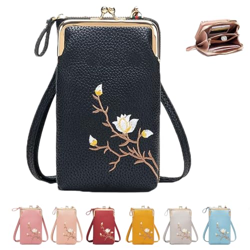 Women Sling Cross-Body Wallet with Mobile Cell Phone Holder，Mini Embroidered Leather Cell Phone Fashion Crossbody Bag (Black) von Generisch