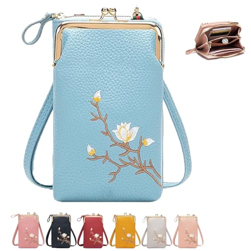 Women Sling Cross-Body Wallet with Mobile Cell Phone Holder，Mini Embroidered Leather Cell Phone Fashion Crossbody Bag (Blue) von Generisch