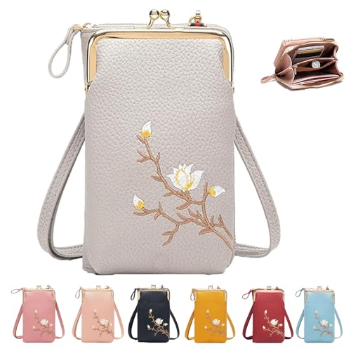 Women Sling Cross-Body Wallet with Mobile Cell Phone Holder，Mini Embroidered Leather Cell Phone Fashion Crossbody Bag (Gray) von Generisch