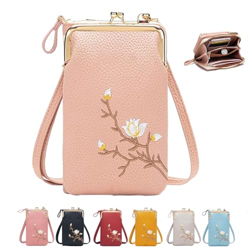 Women Sling Cross-Body Wallet with Mobile Cell Phone Holder，Mini Embroidered Leather Cell Phone Fashion Crossbody Bag (Pink) von Generisch