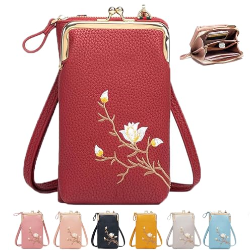 Women Sling Cross-Body Wallet with Mobile Cell Phone Holder，Mini Embroidered Leather Cell Phone Fashion Crossbody Bag (Red) von Generisch