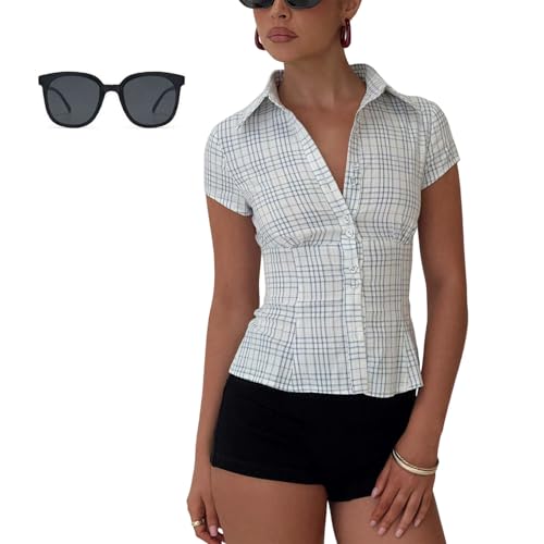 Women Y2k Stripe Button Shirts, Puff Short Sleeve V Neck Slim Fitted Shirt, 90s Vintage Teen Girls Preppy Blouse Streetwear (Hellblau,S) von Generisch