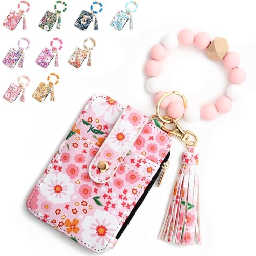 Women's Boho Beaded Wallet, Boho Style Beaded Tassel Decorated Keychain Wristlet Wallet with Flower Pattern (Light Pink) von Generisch