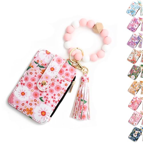 Women's Boho Beaded Wallet, Boho Style Beaded and Tassel Wristlet Keychain for Women, Card Case Keychain with Wallet for Women (Light Pink) von Generisch