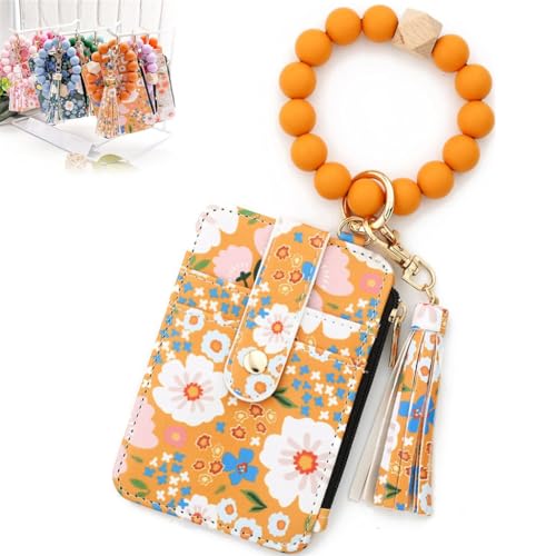 Women's Boho Beaded Wallet,Cute Silicone Credit Card Holder,Wristlet Wallet Keychain with Beaded Tassel Flower Pattern (Gelb) von Generisch
