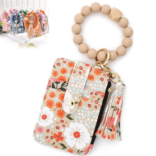 Women's Boho Beaded Wallet,Cute Silicone Credit Card Holder,Wristlet Wallet Keychain with Beaded Tassel Flower Pattern (Khaki) von Generisch
