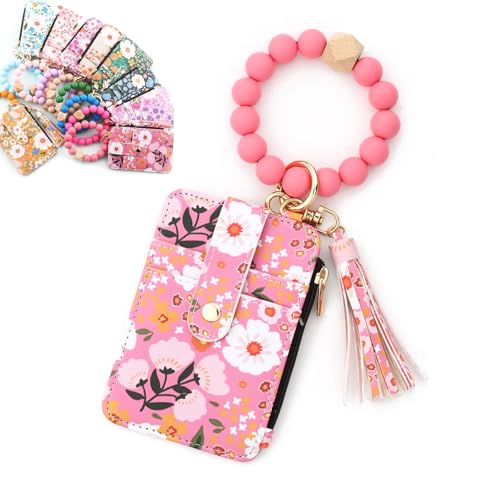 Women's Boho Beaded Wallet with Flower Pattern, Boho Style Beaded Tassel Keychain Wallet, Bohos Wristlet Wallets for Women (Dark Pink) von Generisch