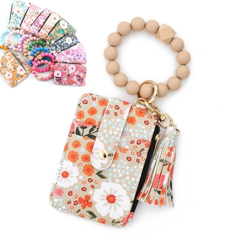 Women's Boho Beaded Wallet with Flower Pattern, Boho Style Beaded Tassel Keychain Wallet, Bohos Wristlet Wallets for Women (Khaki) von Generisch