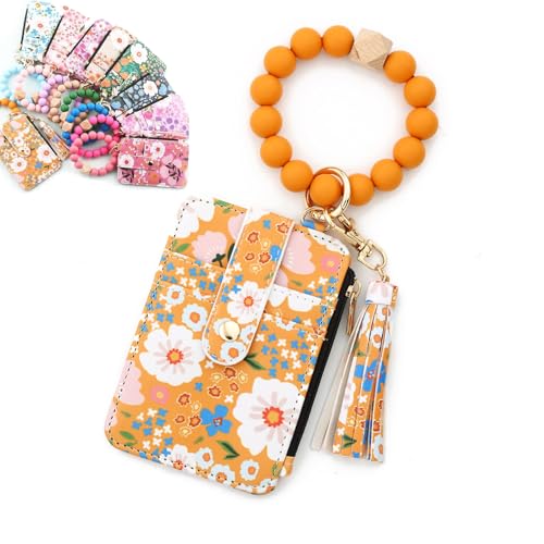 Women's Boho Beaded Wallet with Flower Pattern, Boho Style Beaded Tassel Keychain Wallet, Bohos Wristlet Wallets for Women (Yellow) von Generisch