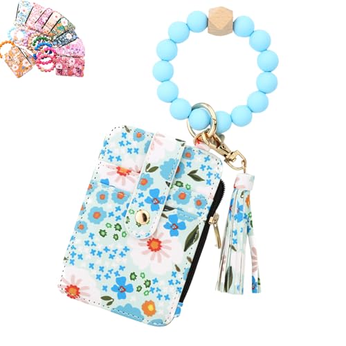 Women's Boho Beaded Wallet with Flower Pattern, Boho Style Beaded Tassel Keychain Wallet, Wristlet Keychain Cute Purse (Light Blue) von Generisch