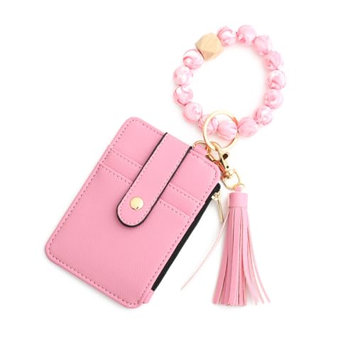 Women's Boho Beaded Wallet with Flower Pattern, Boho Style Beaded & Tassel Decor Keychain Wallet, Wristlet Purse (Pink) von Generisch