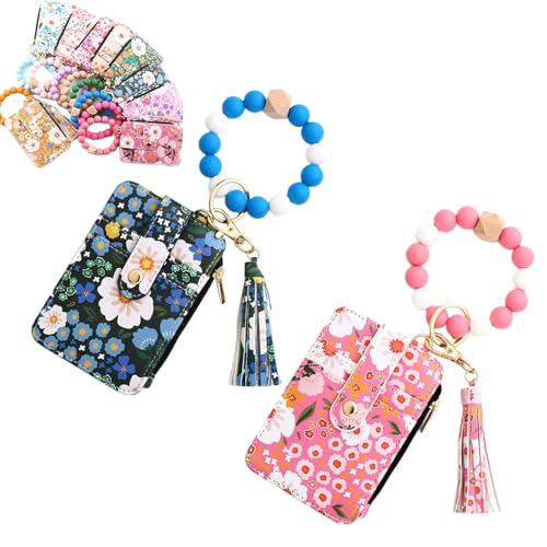 Women's Boho Beaded Wallet with Flower Pattern,with Flower Pattern,Tassel Decorated Bracelet Keychain Wallet,Bracelet Keychain,Lightweight Wristlet for Women Travel and Everyday Use (2PCS-C) von Generisch