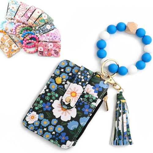 Women's Boho Beaded Wallet with Flower Pattern,with Flower Pattern,Tassel Decorated Bracelet Keychain Wallet,Bracelet Keychain,Lightweight Wristlet for Women Travel and Everyday Use (Blue) von Generisch
