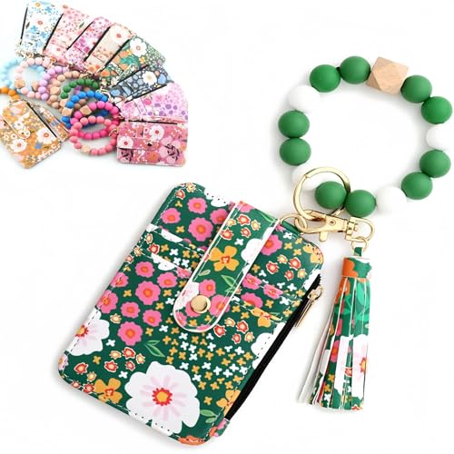 Women's Boho Beaded Wallet with Flower Pattern,with Flower Pattern,Tassel Decorated Bracelet Keychain Wallet,Bracelet Keychain,Lightweight Wristlet for Women Travel and Everyday Use (Green) von Generisch