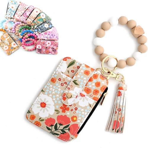 Women's Boho Beaded Wallet with Flower Pattern,with Flower Pattern,Tassel Decorated Bracelet Keychain Wallet,Bracelet Keychain,Lightweight Wristlet for Women Travel and Everyday Use (Khaki) von Generisch
