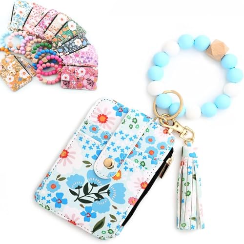 Women's Boho Beaded Wallet with Flower Pattern,with Flower Pattern,Tassel Decorated Bracelet Keychain Wallet,Bracelet Keychain,Lightweight Wristlet for Women Travel and Everyday Use (Light Blue) von Generisch
