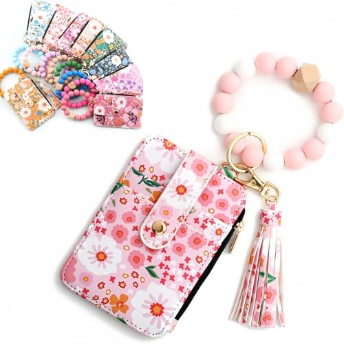Women's Boho Beaded Wallet with Flower Pattern,with Flower Pattern,Tassel Decorated Bracelet Keychain Wallet,Bracelet Keychain,Lightweight Wristlet for Women Travel and Everyday Use (Light Pink) von Generisch