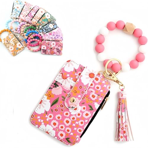 Women's Boho Beaded Wallet with Flower Pattern,with Flower Pattern,Tassel Decorated Bracelet Keychain Wallet,Bracelet Keychain,Lightweight Wristlet for Women Travel and Everyday Use (Pink) von Generisch