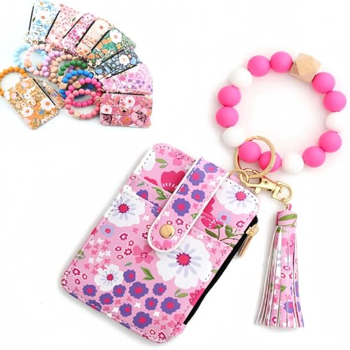 Women's Boho Beaded Wallet with Flower Pattern,with Flower Pattern,Tassel Decorated Bracelet Keychain Wallet,Bracelet Keychain,Lightweight Wristlet for Women Travel and Everyday Use (Rose Red) von Generisch