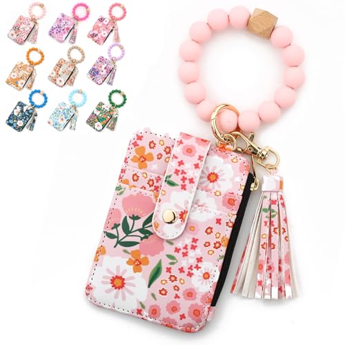 Women's Boho Beaded Wallet with Flower Pattern Boho Style Beaded Tassel Decorated Keychain Wristlet Wallet Card Holder Purse (Light pink) von Generisch